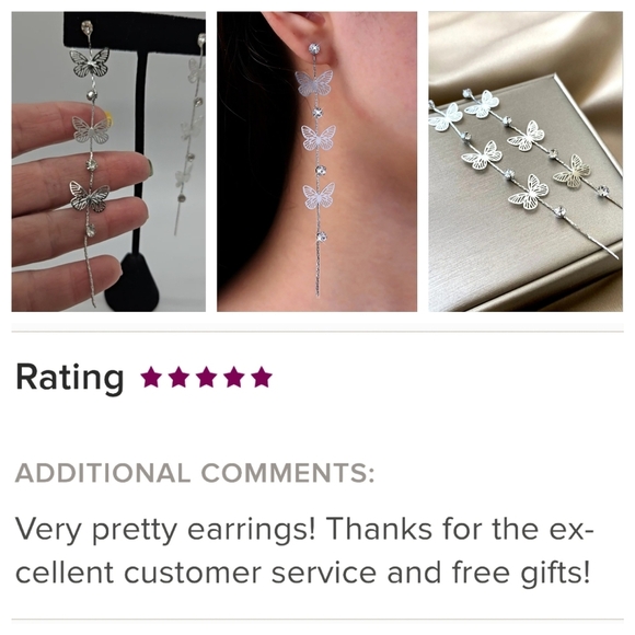 Butterfly Filigree Earrings with Rhinestone Accent Silver Tone Tassel Earrings - Picture 4 of 11